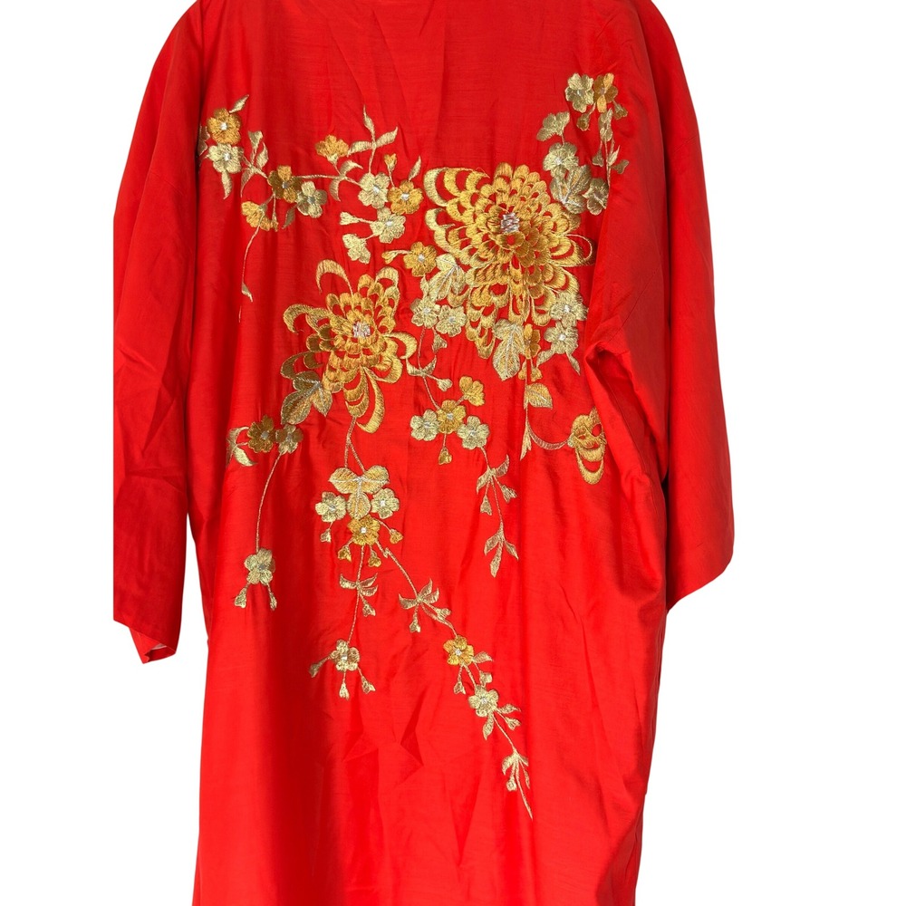 Women's Silk Kimono Robe Orange Gold Embroidered Floral Ornate Made in Japan